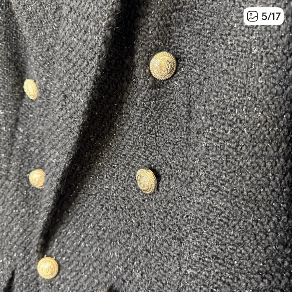Zara Black Textured Tweed fabric Long Blazer with Gold Buttons size S - Picture 5 of 6